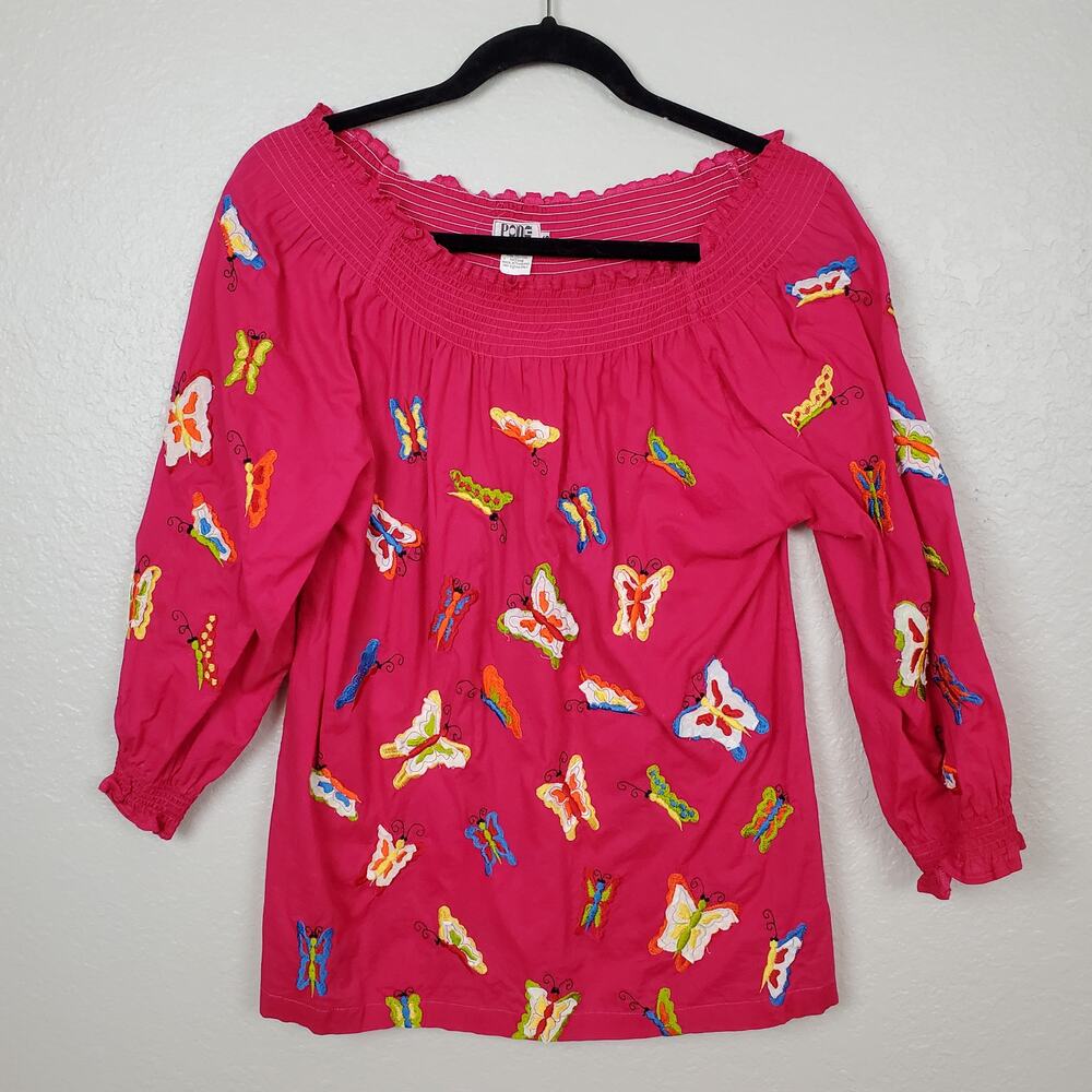 Pong Top Womens Extra Small Butterly Embroidered Off Shoulder 90s Y2K Colorful